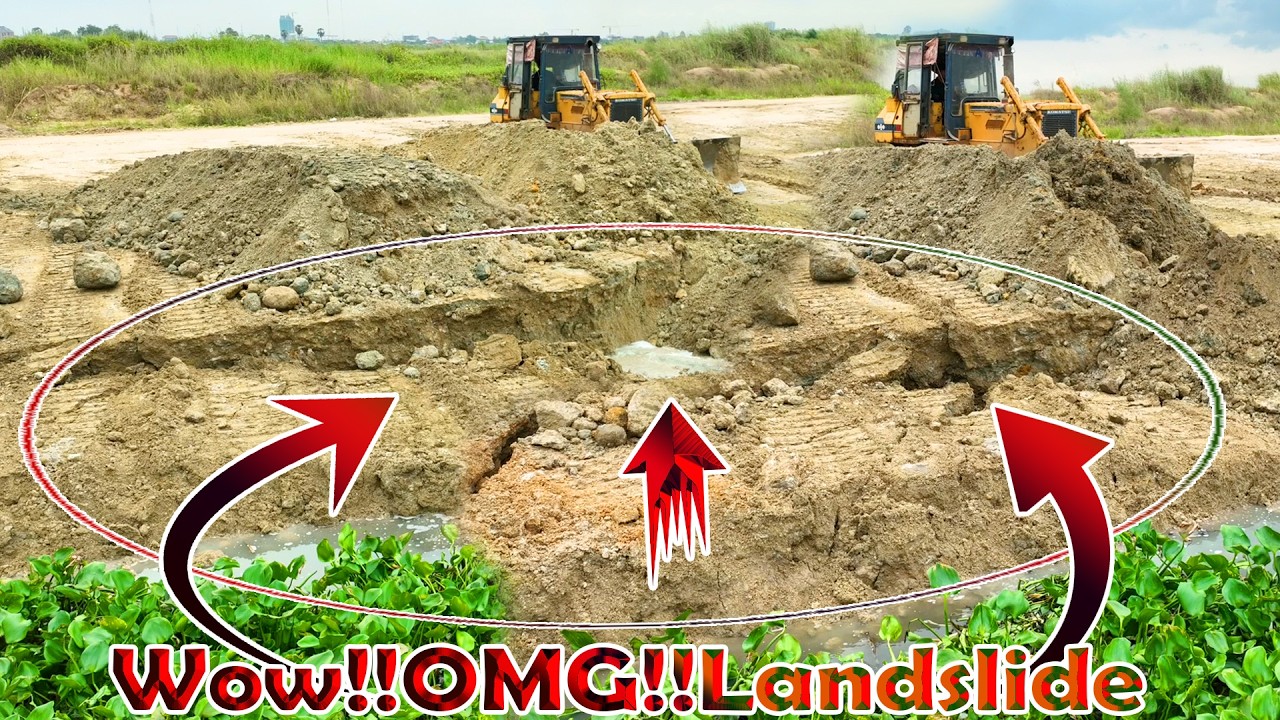 OMG!!!Great Action!! Land Sinking Repairing By Many Dump Trucks And An Old Komatsu Bulldozer