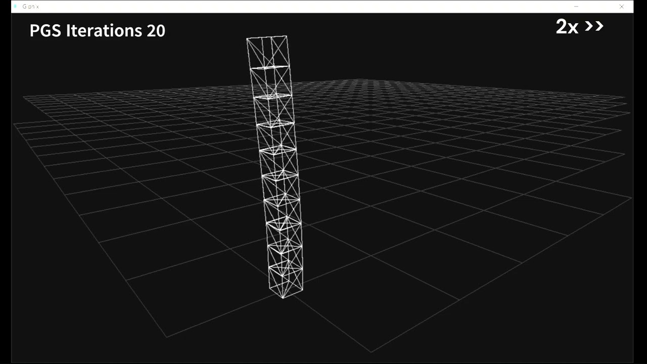 Riphix - Physics Engine Stacking stability test of 10 identical boxes tower with 20 PGS iteration