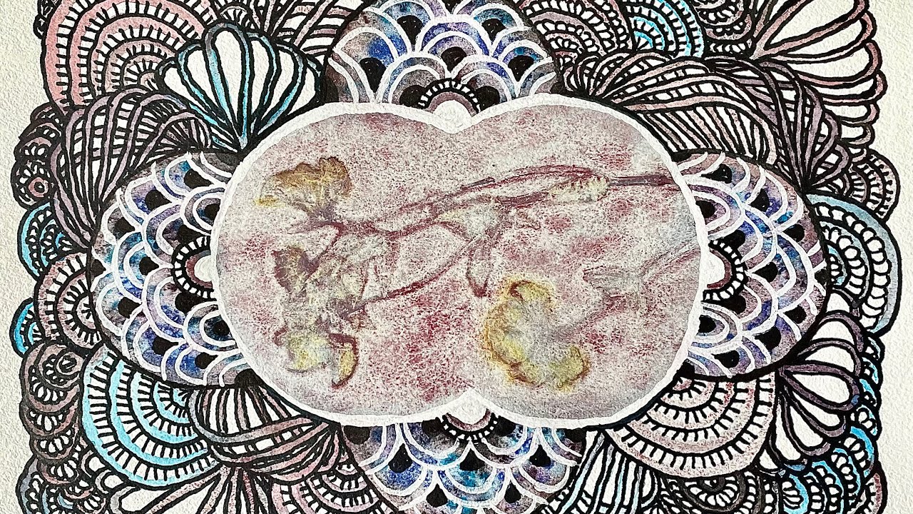 Pressed flower imprint on watercolor w/ abstract details & doodles🌸Doodle/paint along, written guide
