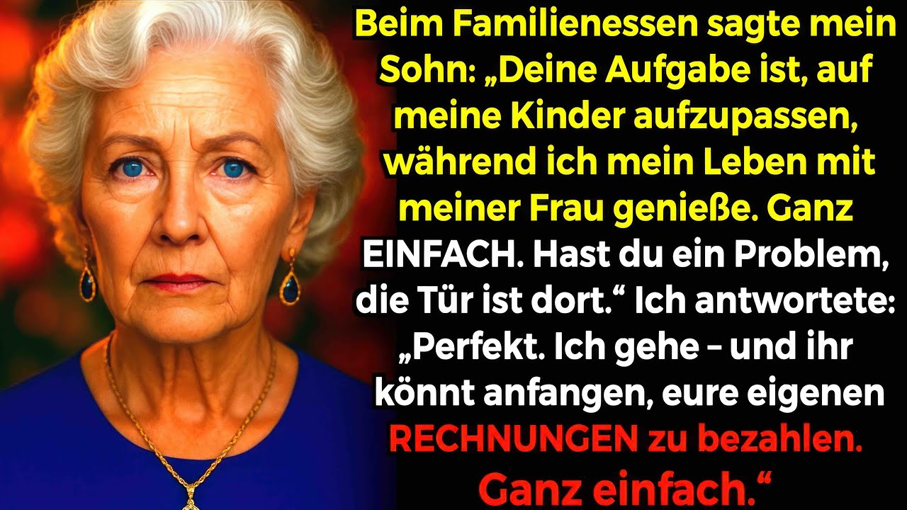 Beim Familienessen: Mein Sohn: „Du passt auf die Kinder auf, ich reise. Gefällt’s nicht? Geh.“ Ich…