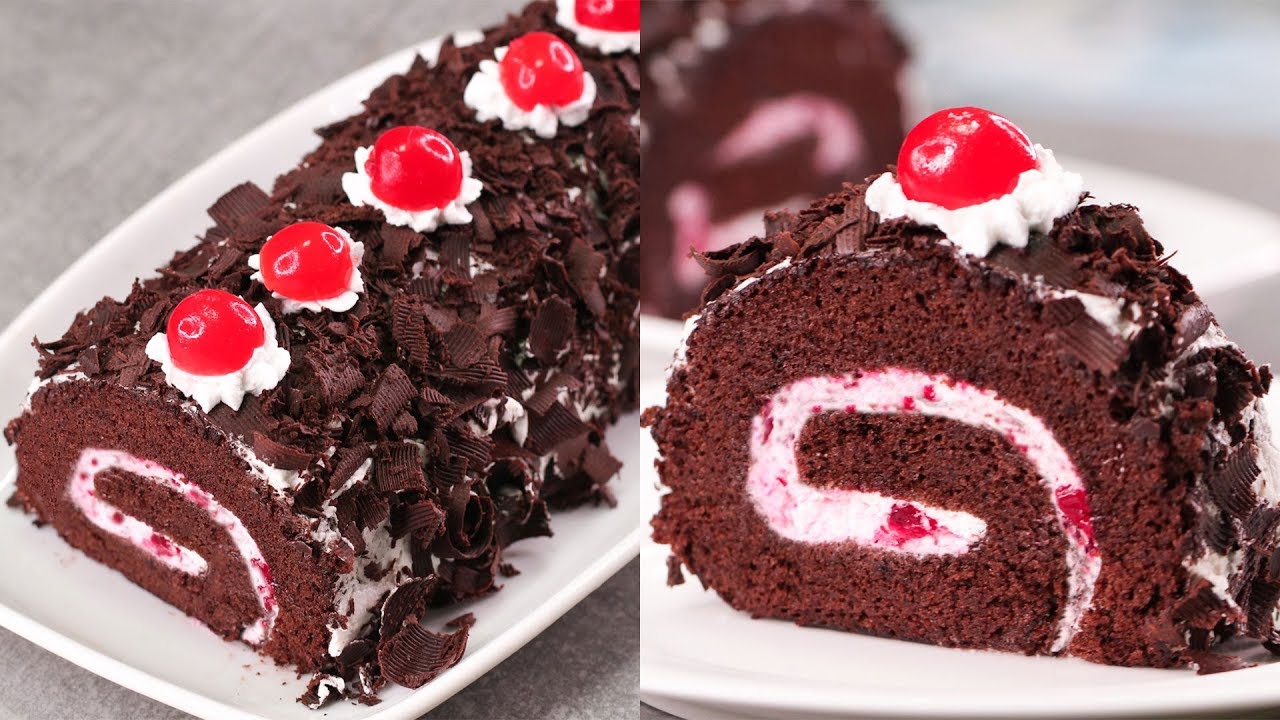 BLACK FOREST SWISS ROLL CAKE I SWISS ROLL CAKE ON TAWA l EGGLESS & WITHOUT OVEN