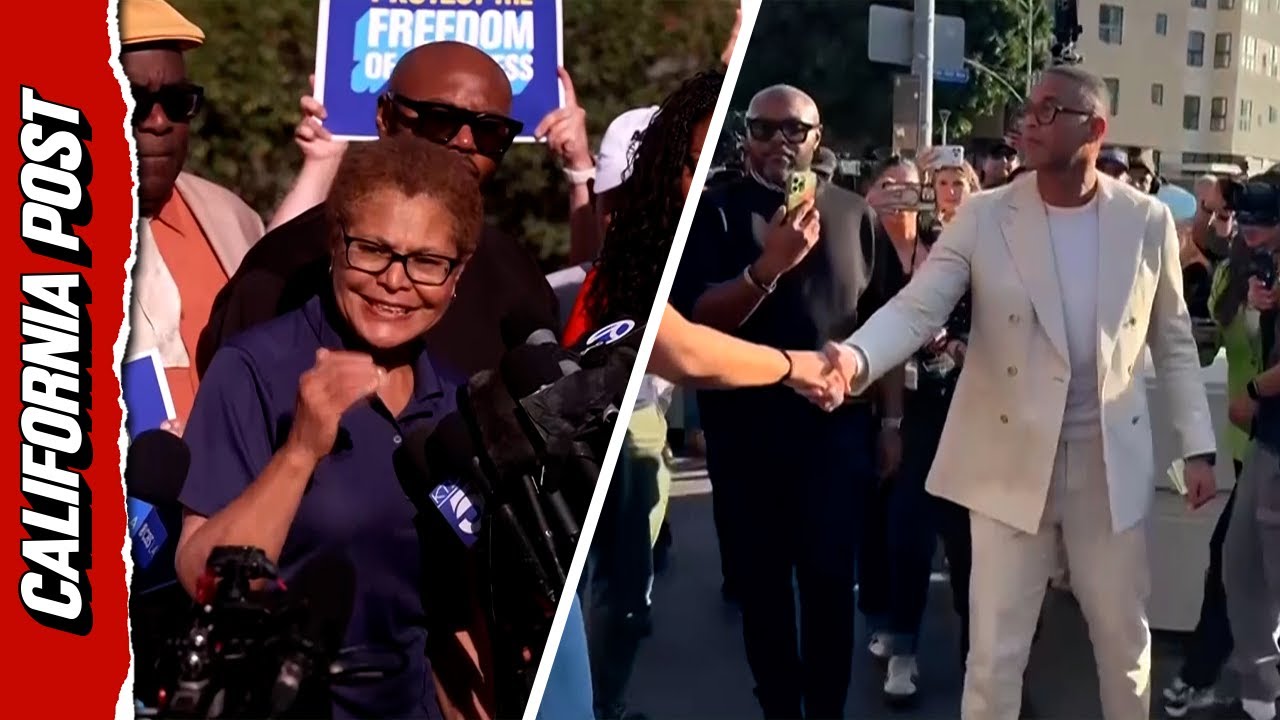 Кисло-рыбный привкус: Дон Лемон и Карен Басс обращаются к толпе у здания суда Лос-Анджелеса.