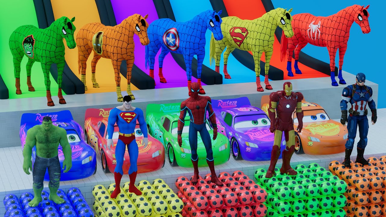 RED HORSE SPIDERMAN CROSSING POOL  RAINBOW SPIDERS BRIDGE AGAINST BALLS RESCUE ANIMALS GAME