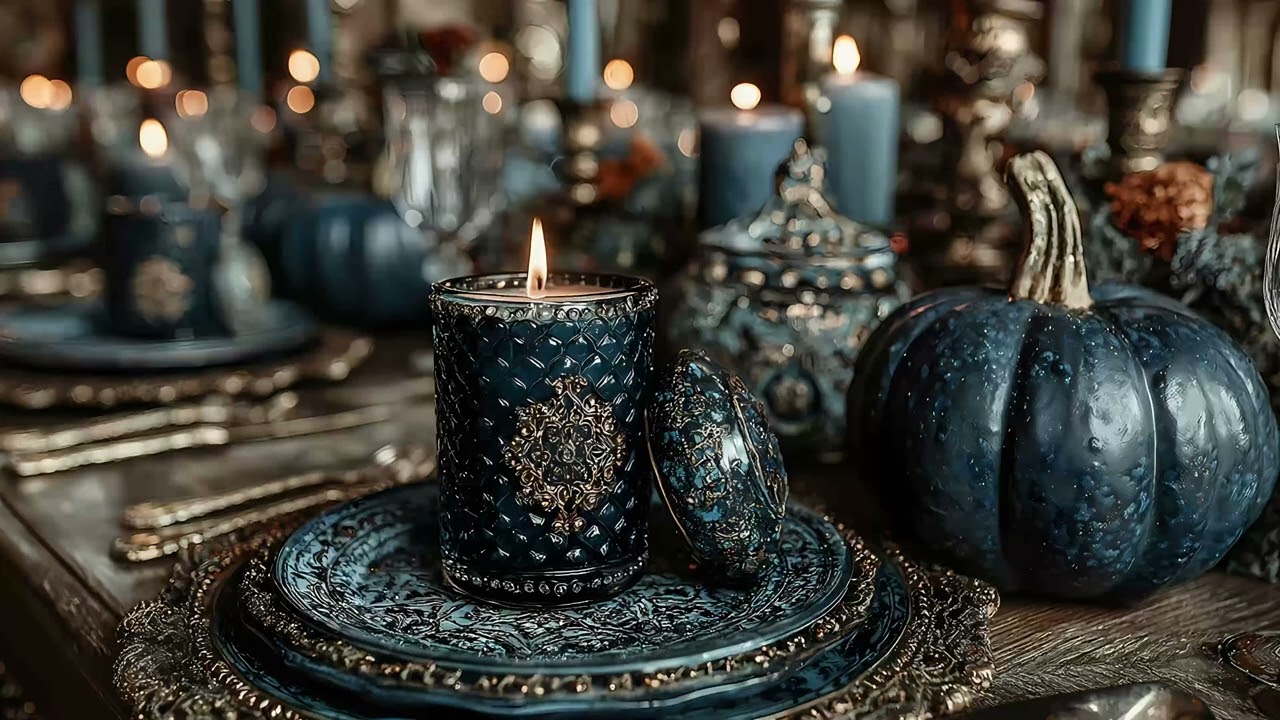 Blue & Gold Autumn Candlelight | Luxury Fall Aesthetic TV Background Art | 2H No Music