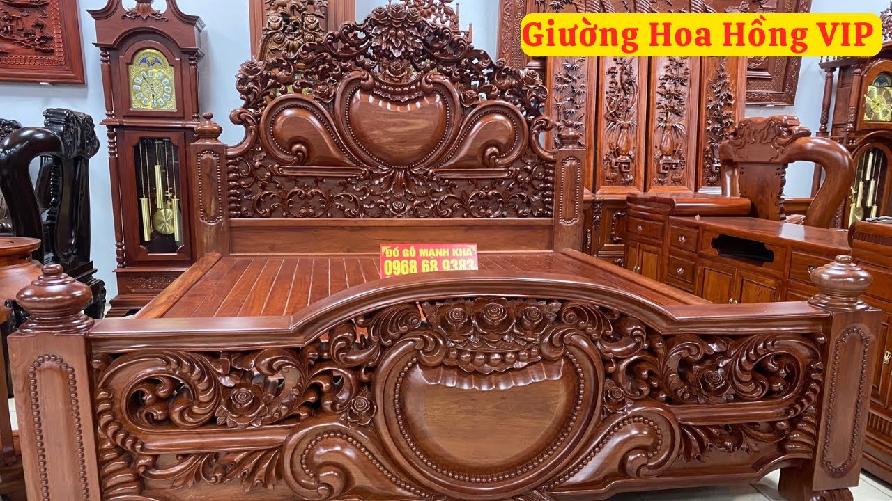 Chiêm Ngưỡng Vẻ Đẹp Của Chiếc Giường Hoa Hồng Tân Cổ Điển Đục Tay Vip ( đồ gỗ đồng kỵ mạnh kha )