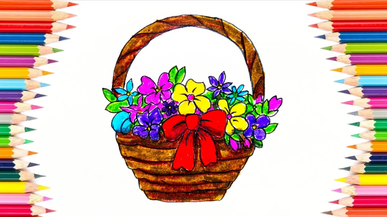 Flower Basket Drawing | How to Draw Flower Vase Step by Step || Draw Basket || flower drawing