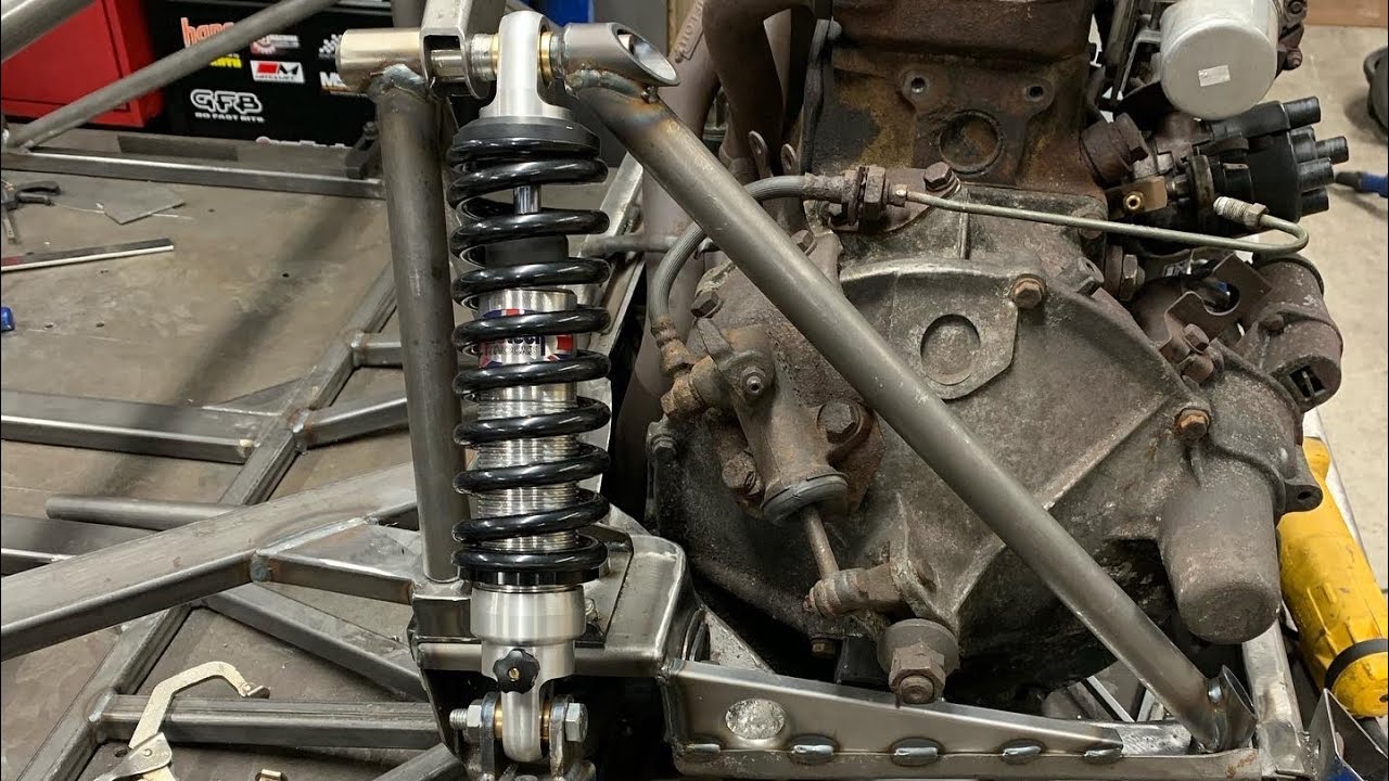 mini spaceframe race car build gets front coilovers fitted