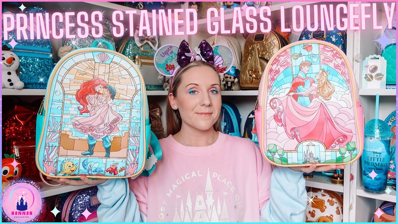 Disney Unboxing Stained Glass Princess Little Mermaid Sleeping Beauty Loungefly Backpacks Japan 4K