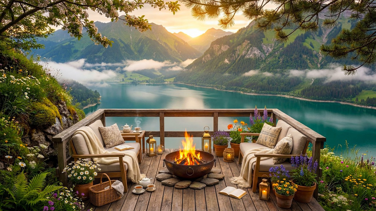 Peaceful Sunrise Alpine Terrace View 🌅🔥 Gentle Campfire, Birdsong & Relaxing Nature Ambience