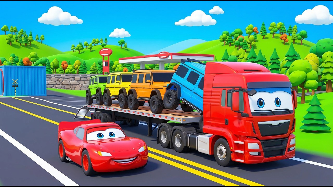 Triple Flatbed Trailer McQueen Transportation with Truck - Speedbumps vs Cars vs Train - BeamNG