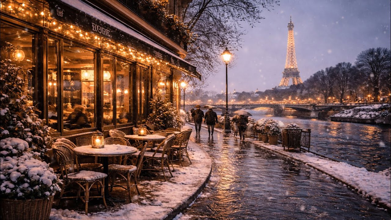 Snowy Paris Night Background | Peaceful Worship Ambient Music | 4K