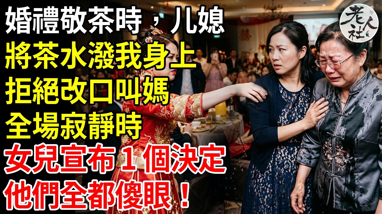 當兒子婚禮敬茶時，媳婦當眾將茶水潑在地上，拒絕改口叫媽羞辱我，全場寂靜時，女兒宣布 1 個決定，媳婦全家當眾傻眼！#退休金#不肖子孫#老年生活#老人社