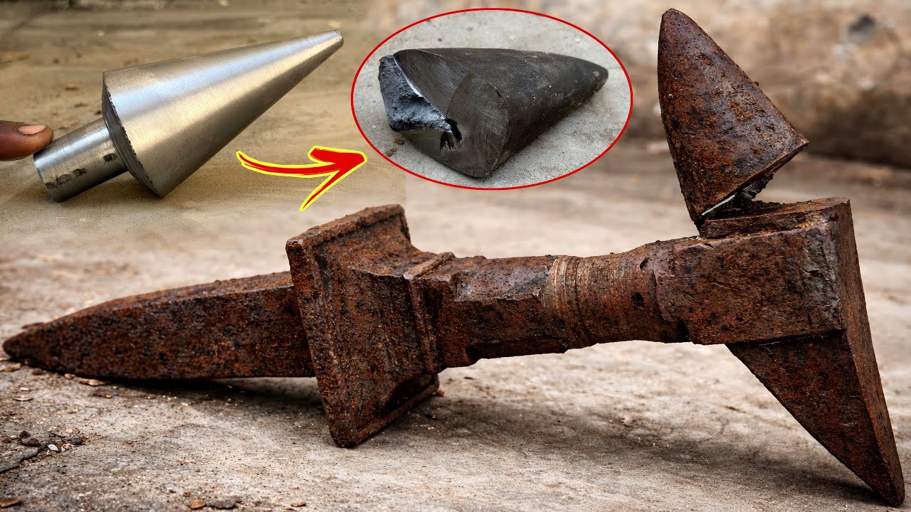The anvil was badly broken by a heavy hammer blow and the mechanic surprised everyone by repair it…