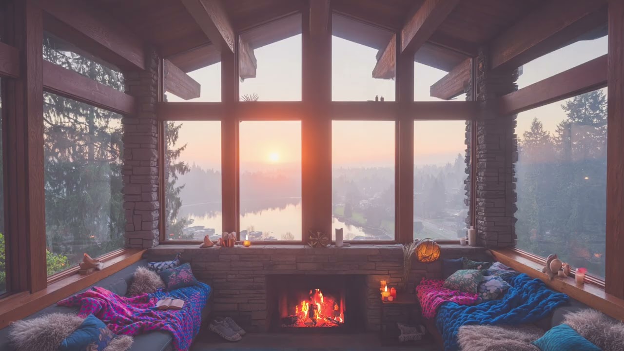 Cozy Morning Lodge Fireplace | Foggy Forest & River Sunrise Ambience