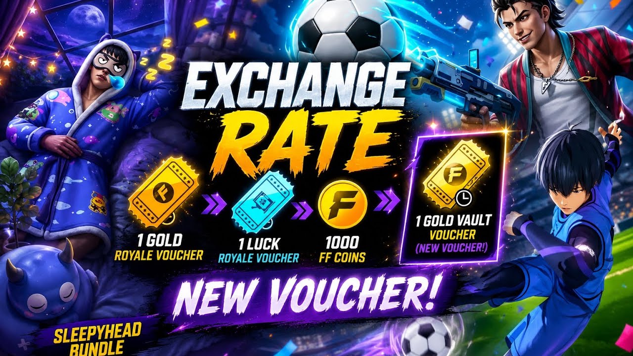 FREE FIRE NEW EXCHANGE RATE EVENT 😱💥 GOLD VAULT VOUCHER FREE + NEW SLEEPYHEAD BUNDLE 💤⚽#viral #video