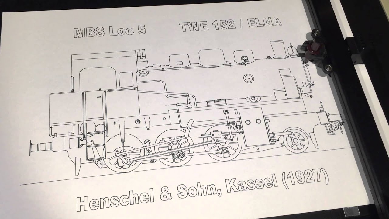 Roland DXY-1350 pen plotter drawing ELNA 5 locomotive 152 (MBS)