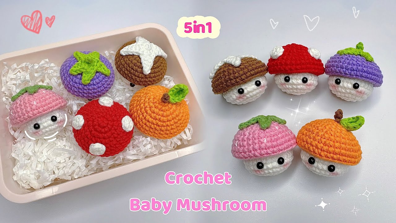 Crochet 5 in 1 Baby Mushrooms 🍄🍄‍🟫🍓🍊🍆| Cute & Easy | Beginner Friendly