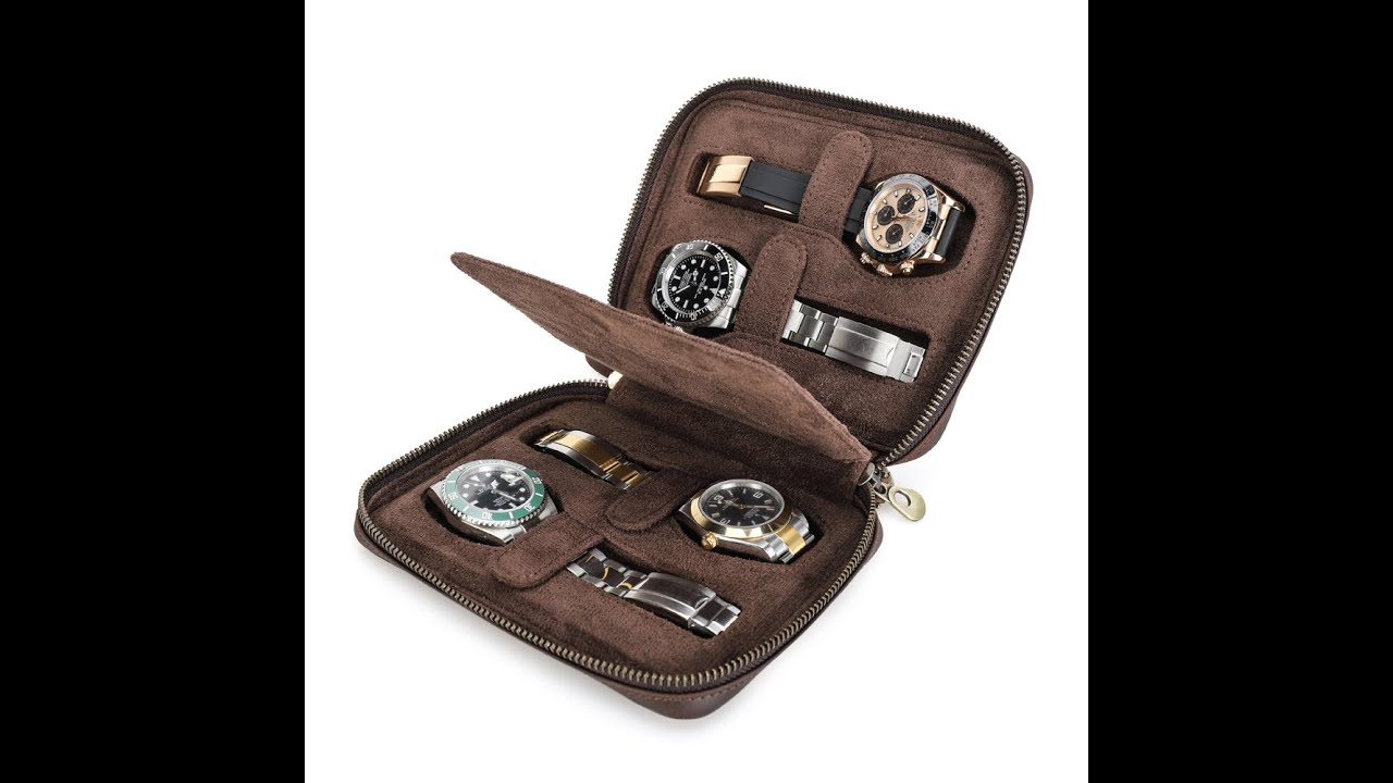 Handmade Retro Portable Geunine Leather Travel Zip Watch Storage Pouch Case 4 Slots