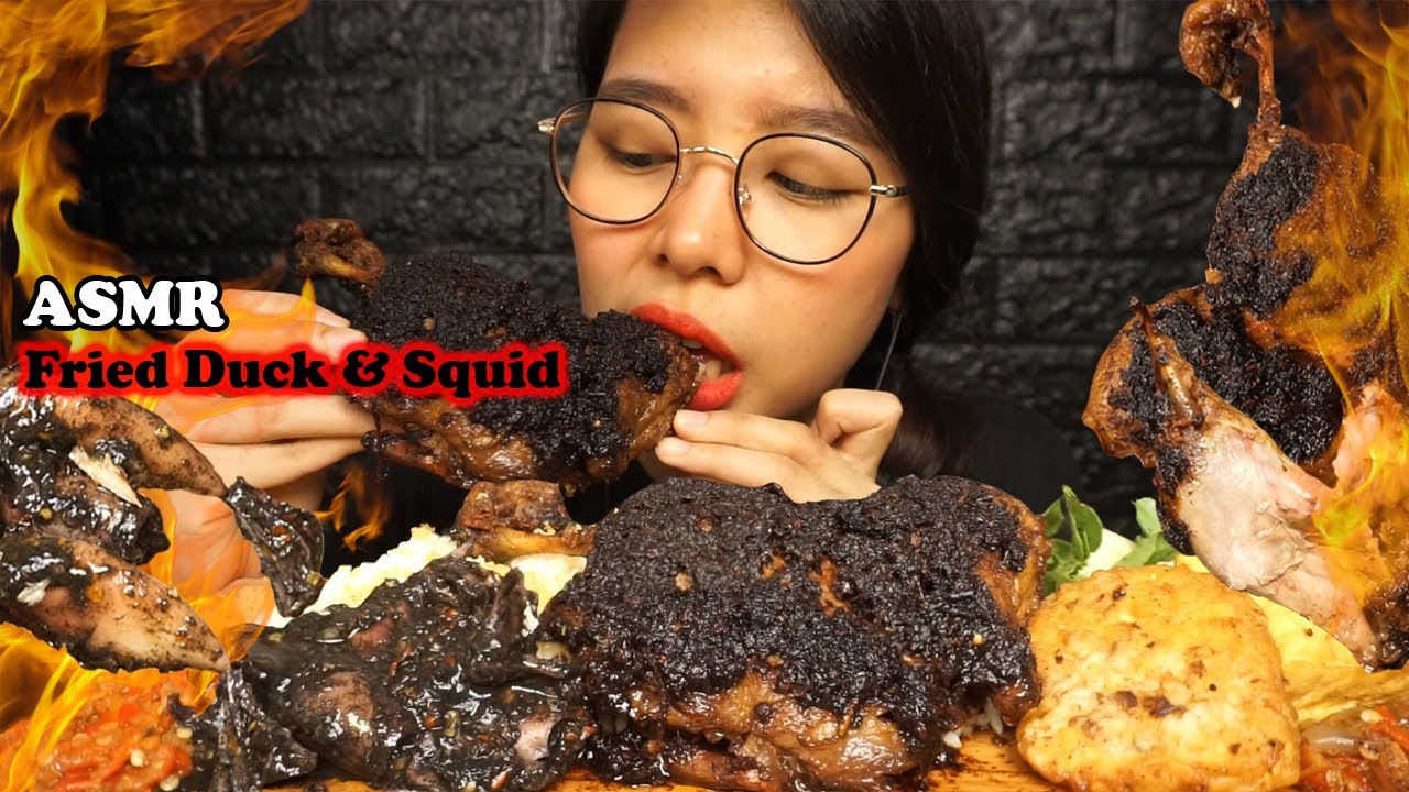 ASMR Nasi Bebek & Cumi Bumbu Hitam Pedasss Nikmat (Spicy Fried Duck & Squid Rice) | Eating Sounds