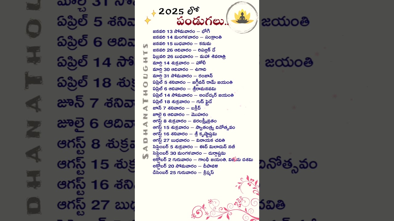 2025 లో పండుగలు - సెలవులు 😀 2025 Holidays And Festivals 👍 #shorts