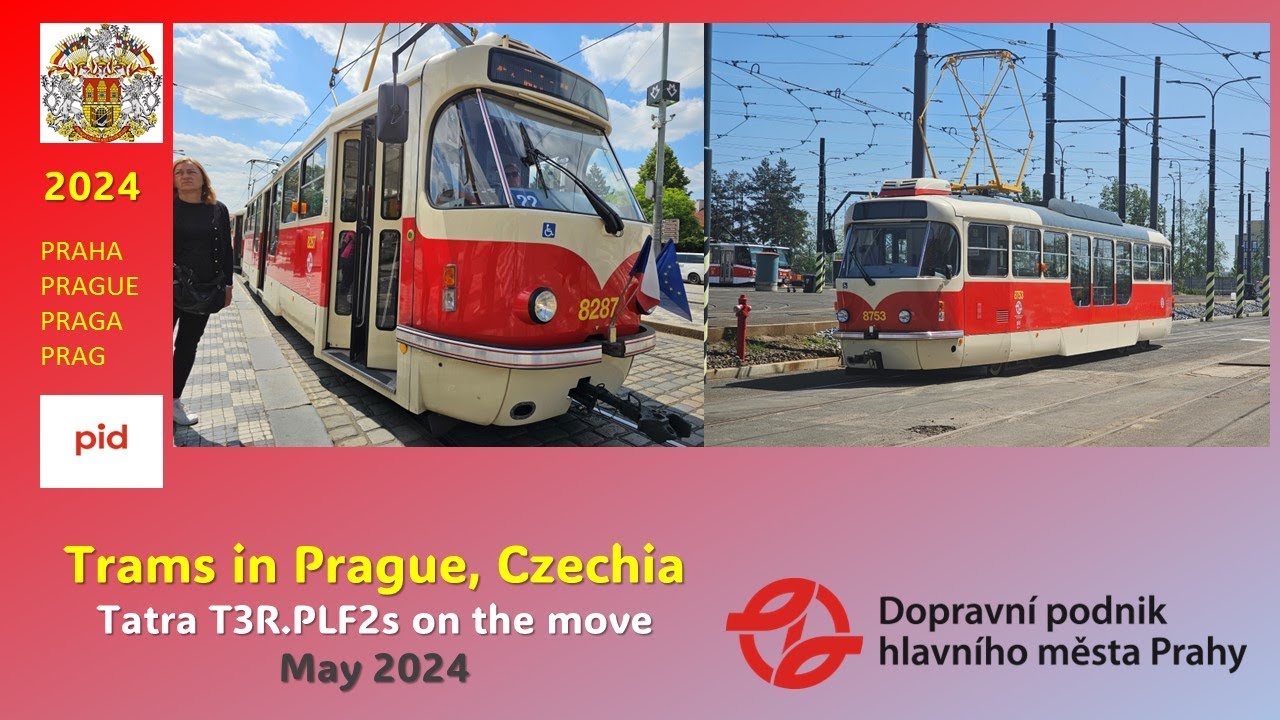 Prague, Czechia: Trams in Prague - Tatra T3R.PLF2s on the move in May 2024 (includes T3R.PLFs too).