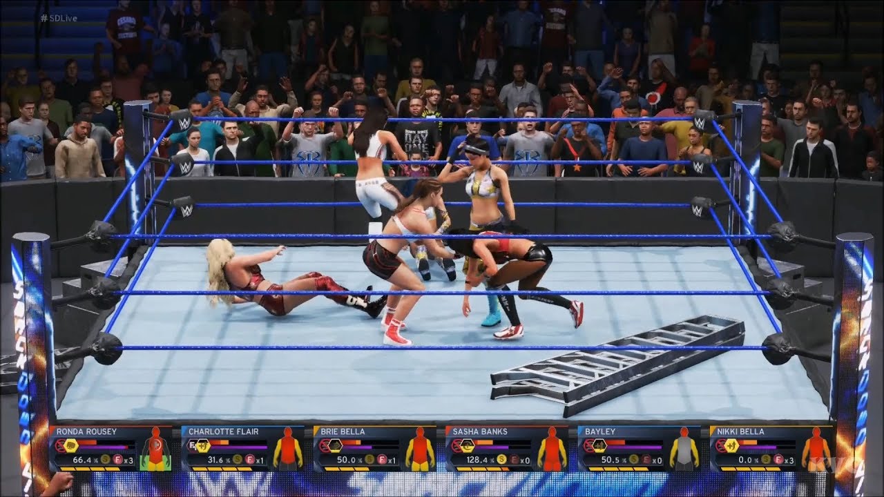 WWE 2K20 - Brie Bella & Nikki Bella vs Ronda Rousey vs Bayley - Ladder Triple Tag 6-Man Gameplay