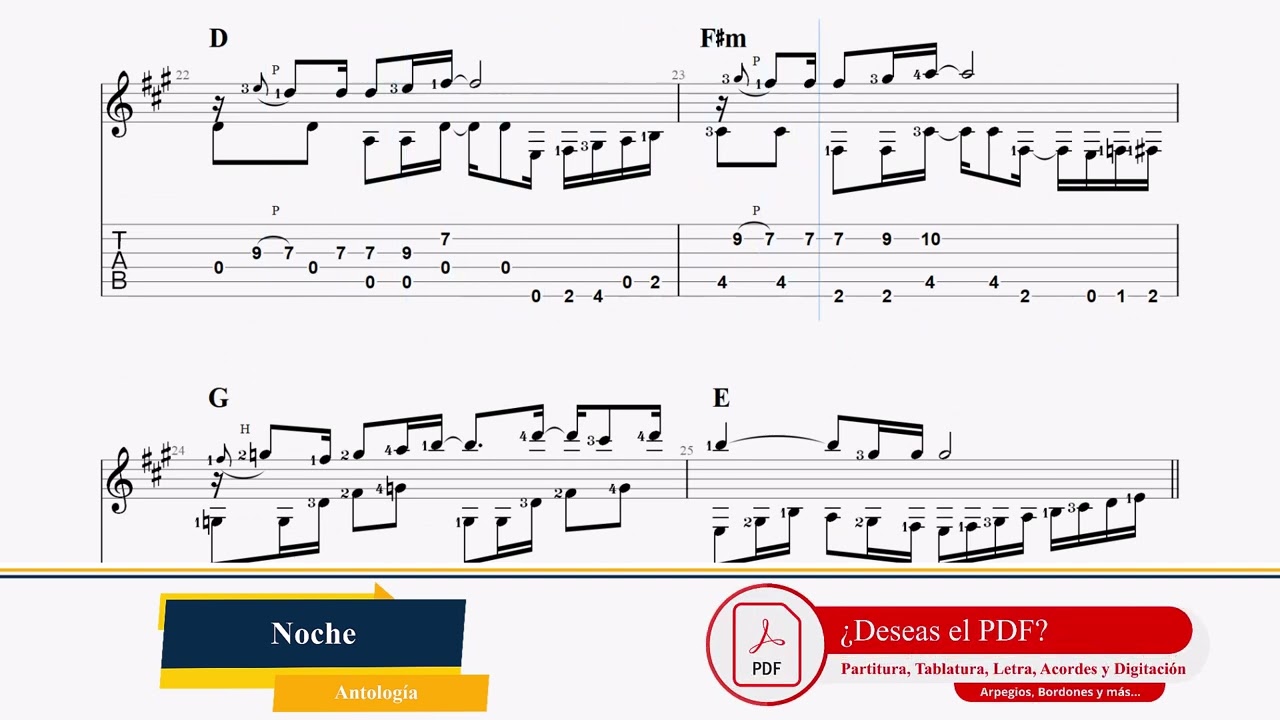 Antología - Noche (Partitura, Tablatura, Letra, Acordes y Digitación)