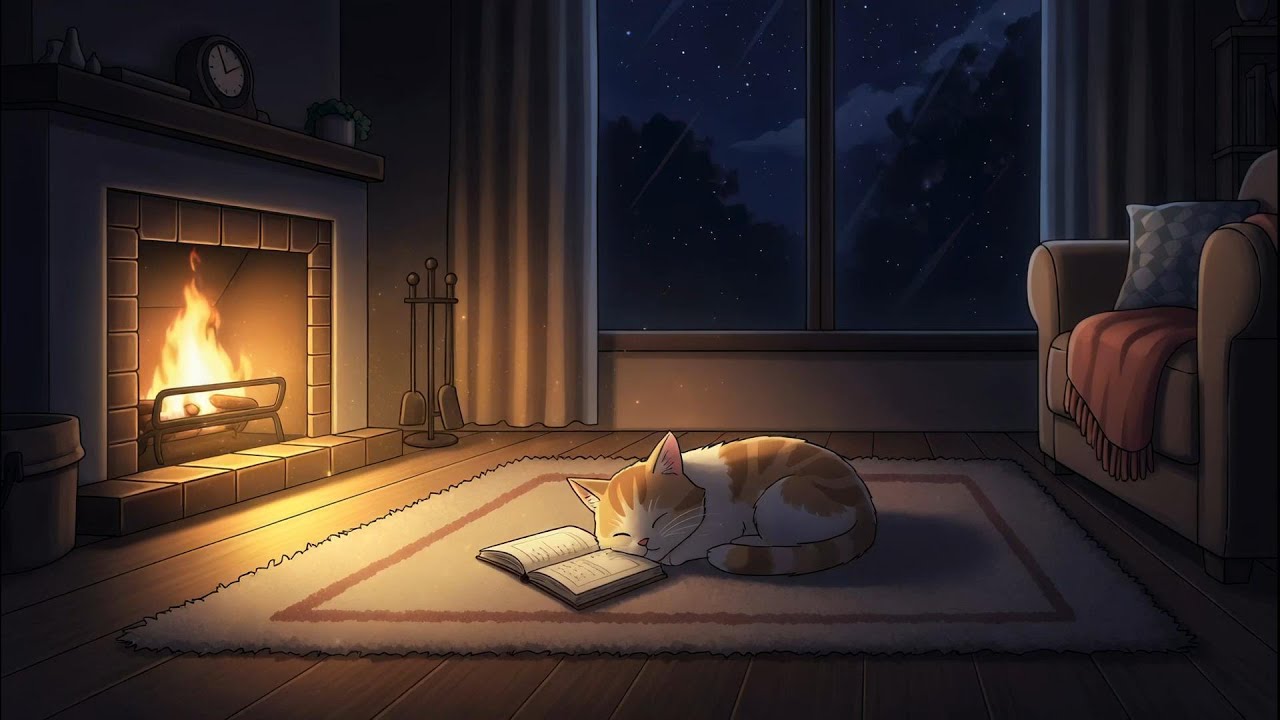 Rainy Night Fireplace Ambience in 4K ☔🔥 Cozy Cabin Lofi Music for Relaxing Reading Time