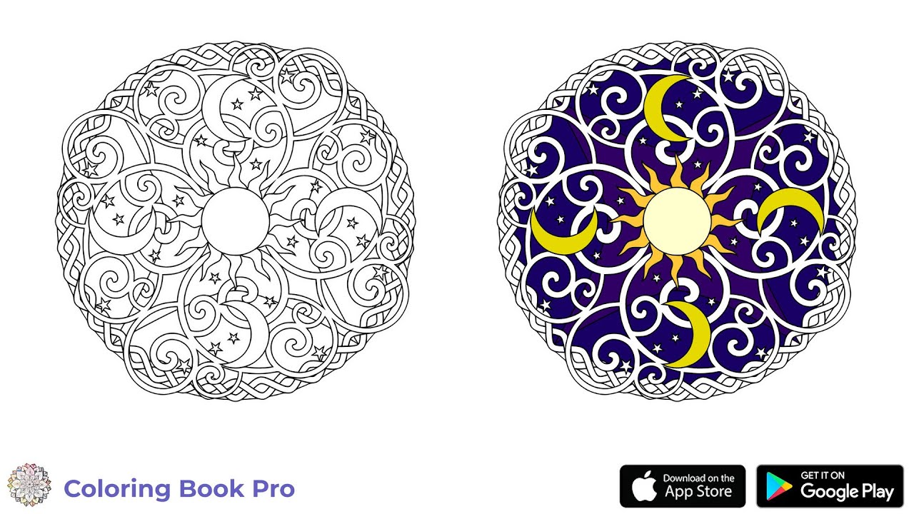 Sun and Moon Patterned Mandala Coloring Page in Night Colors