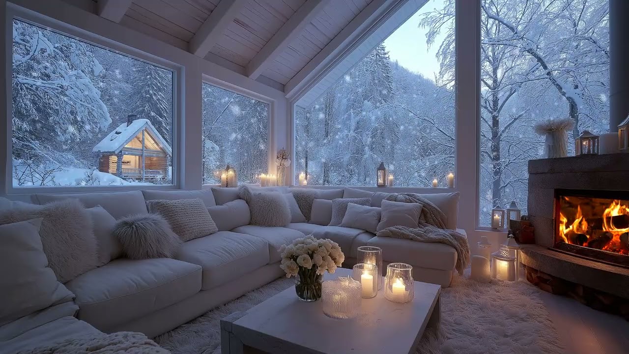 ❄️ Snow Outside Piano | Cozy Winter Lounge Fireplace 5 Hours | Healing Study Work Meditation Relax