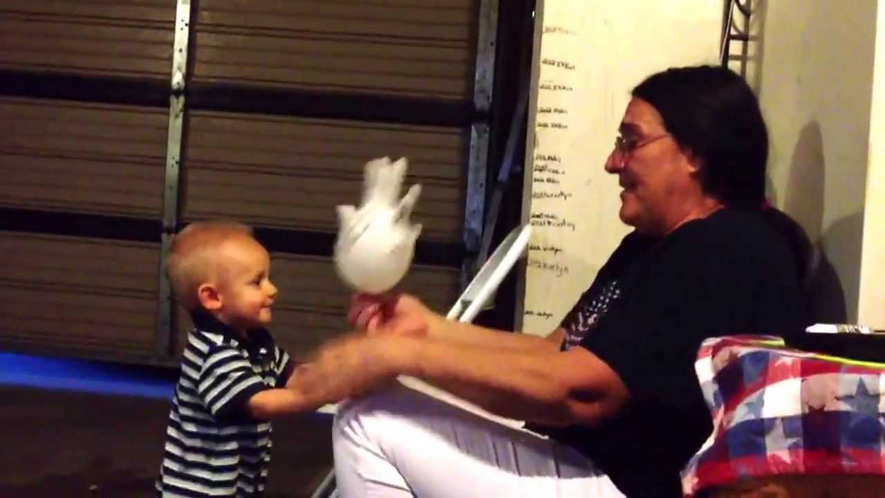 Kaelyn & Gma blowing up glove