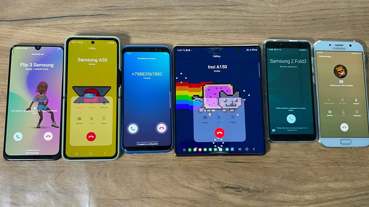 Six Phones Incoming Call Hold Galaxy Fold vs Z Flip 3 5G vs S8 Case vs A51 vs Inoi A150
