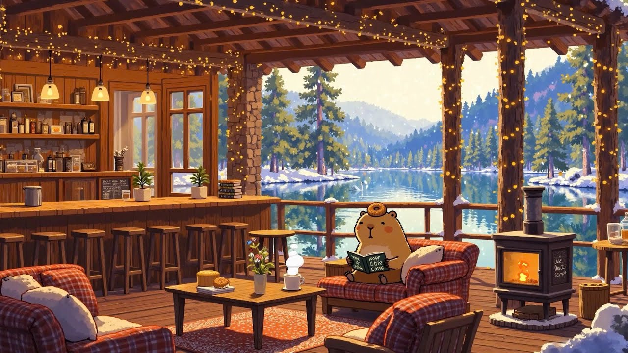 Calm Morning by the Lake ☕ Smooth Lofi Chill & Cracking Fire ❄️ Lofi Deep Focus to study/work/relax