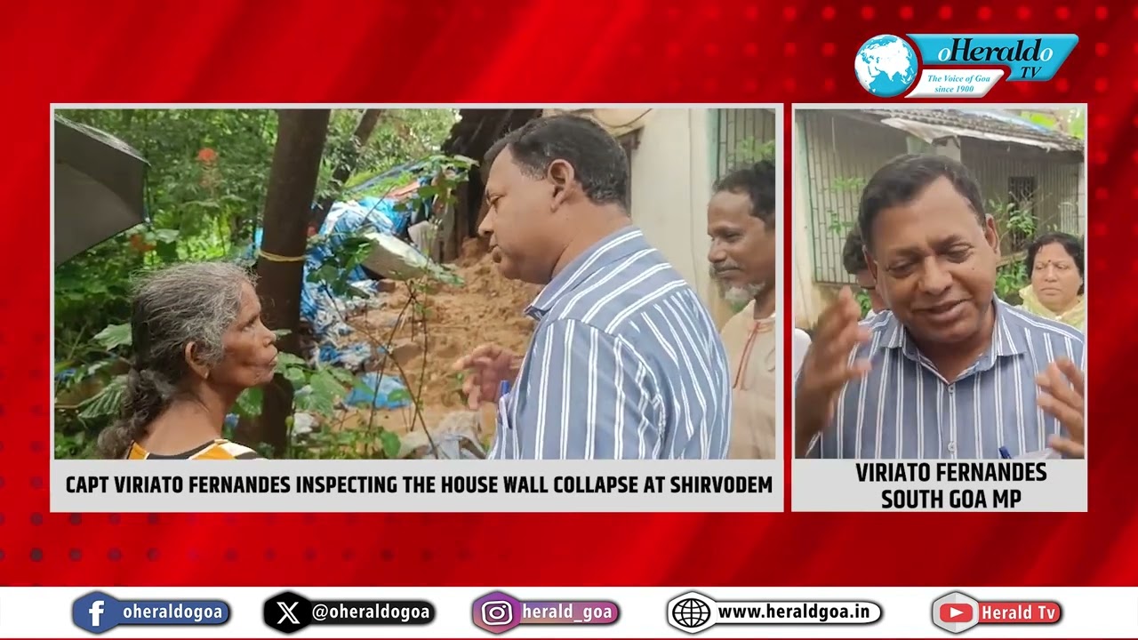 Capt Viriato Fernandes inspecting the house wall collapse at Shirvodem