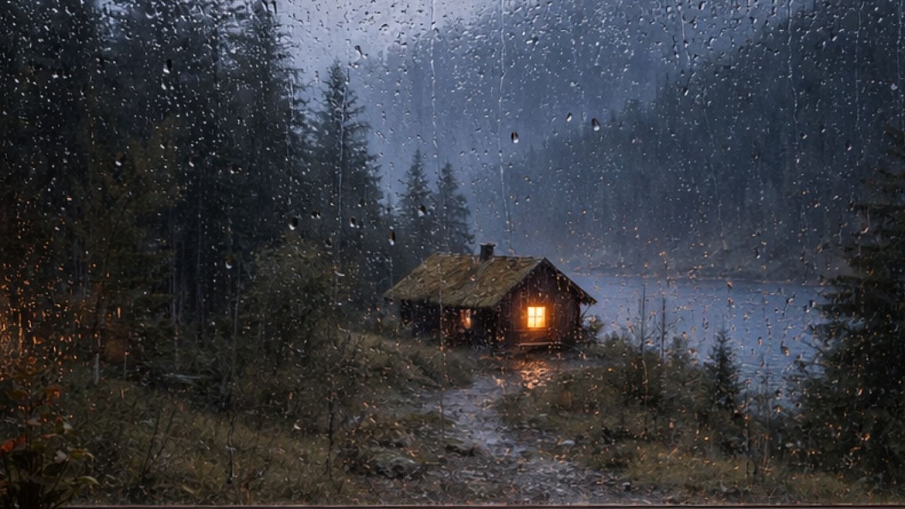 Rainy Norwegian Cabin in the Woods - Fireplace & Rain Sounds for Deep Sleeps (No Thunder, 4K)