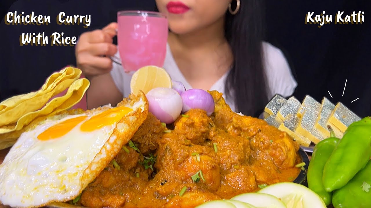 Eating Chicken Curry, Rice, Egg Poach, Kaju Katli, Papad & Salad | Chicken Curry Mukbang | ASMR |