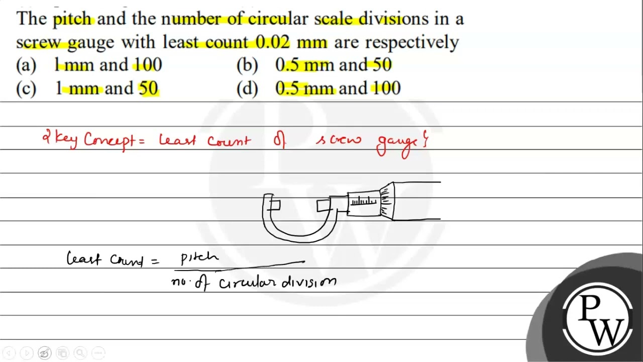 The pitch and the number of circular scale divisions in a screw gauge with least count \( 0.02 \...
