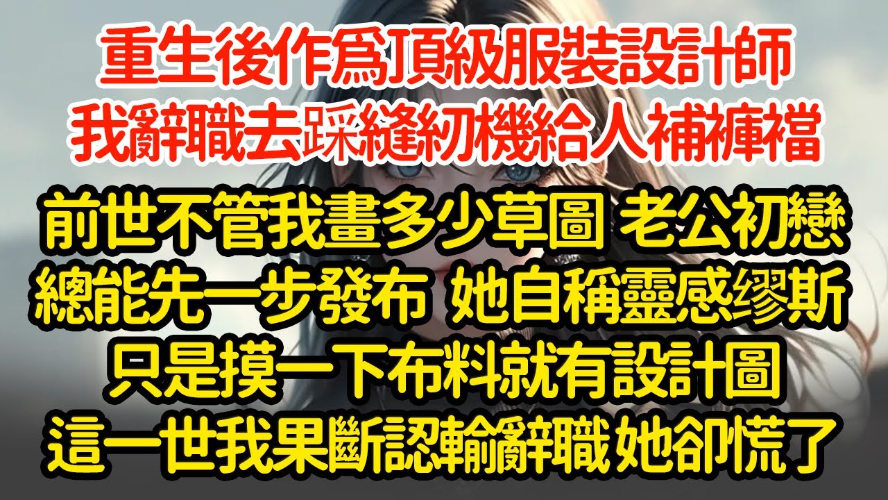 重生後作爲頂級服裝設計師，我辭職去踩縫紉機給人補褲襠，前世不管我畫多少草圖  老公初戀總能先一步發布   她自稱靈感缪斯 只是摸一下布料就有設計圖這一世我果斷認輸辭職 她卻慌了