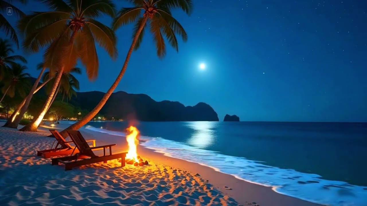 🌕🔥 OCEAN MOONLIGHT SERENITY – 3 HOURS OF DEEP SLEEP MUSIC WITH GENTLE WAVES & CRACKLING BONFIRE 🌊✨