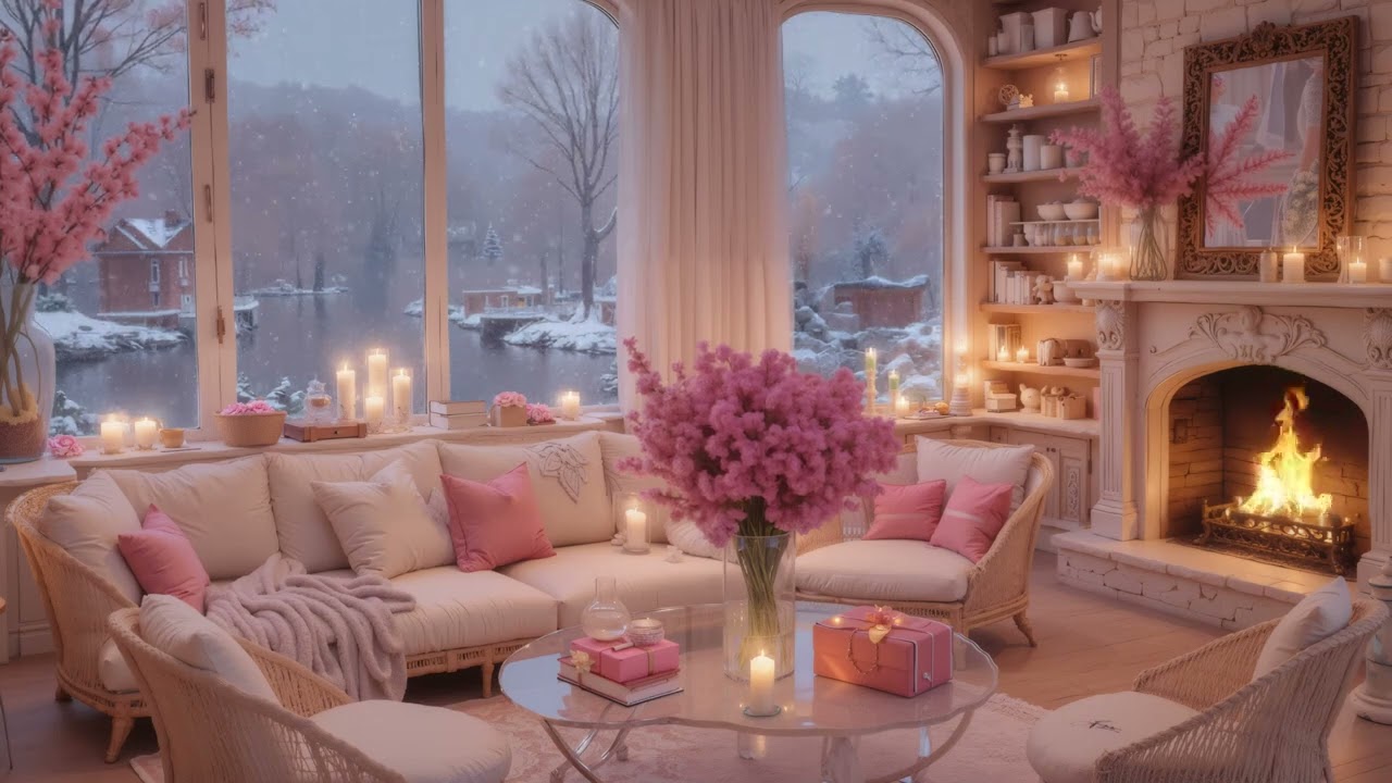🎹🤍Calm Winter Piano Sounds   Peaceful PINK LOUNGE with Snow Falling for Focus, Healing & Relaxatio