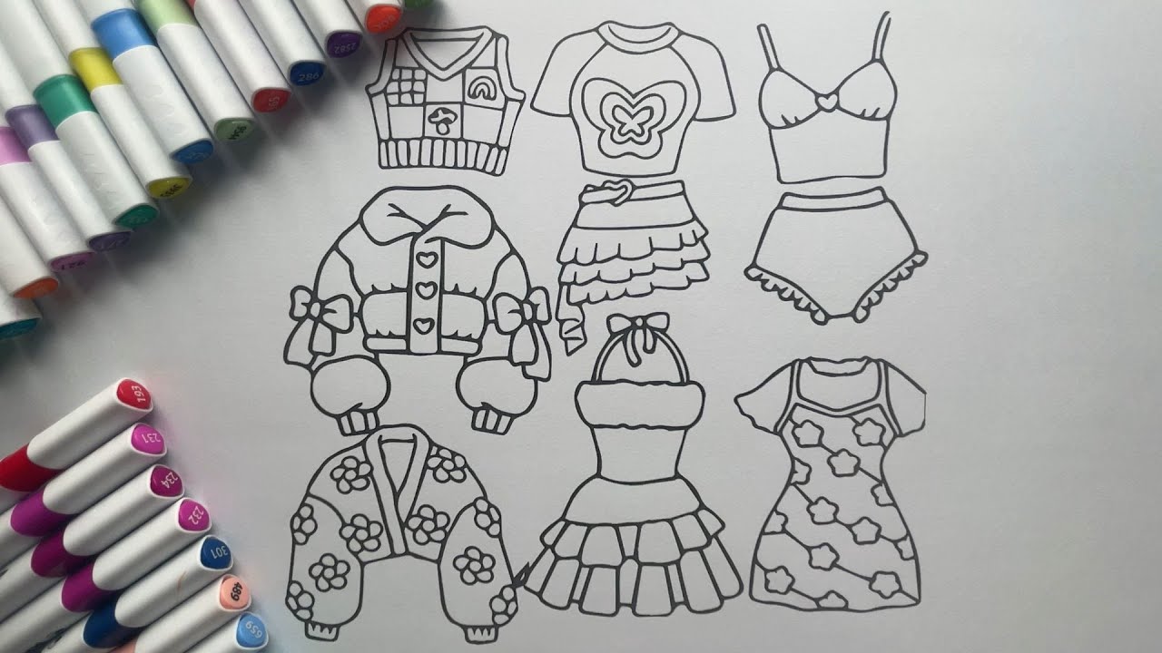 Tranh tô màu quần áo búp bê cho bé - How to Color Clothes, Outfits Doll Coloring pages for kids
