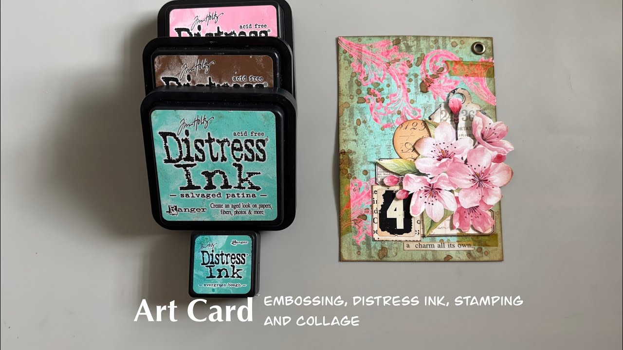 Mixed media art card using embossing glaze, distress inks, stamping, and collage.