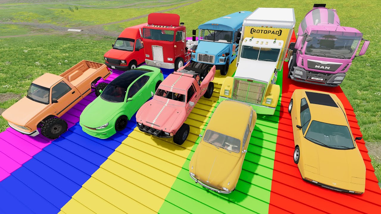 Cars & Trucks vs Color Stairs & Water - Double Flatbed Long Trailer Truck Rescue Cars - BeamNG.Drive