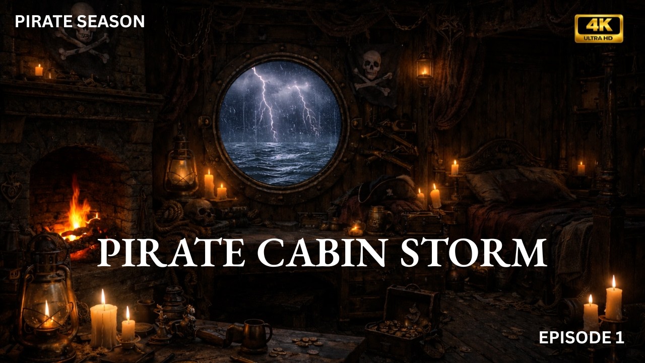 PIRATE SHIP STORM | Pirate Ship Night | Rain + Thunder + Waves + Fireplace (Ep 1) | 3 Hours