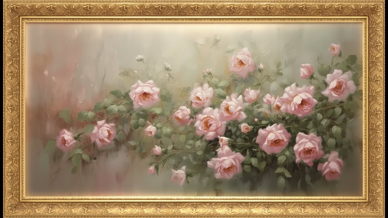 Pink Roses Garden, 4K Vintage Oil Painting  Framed Art Screensaver for TV