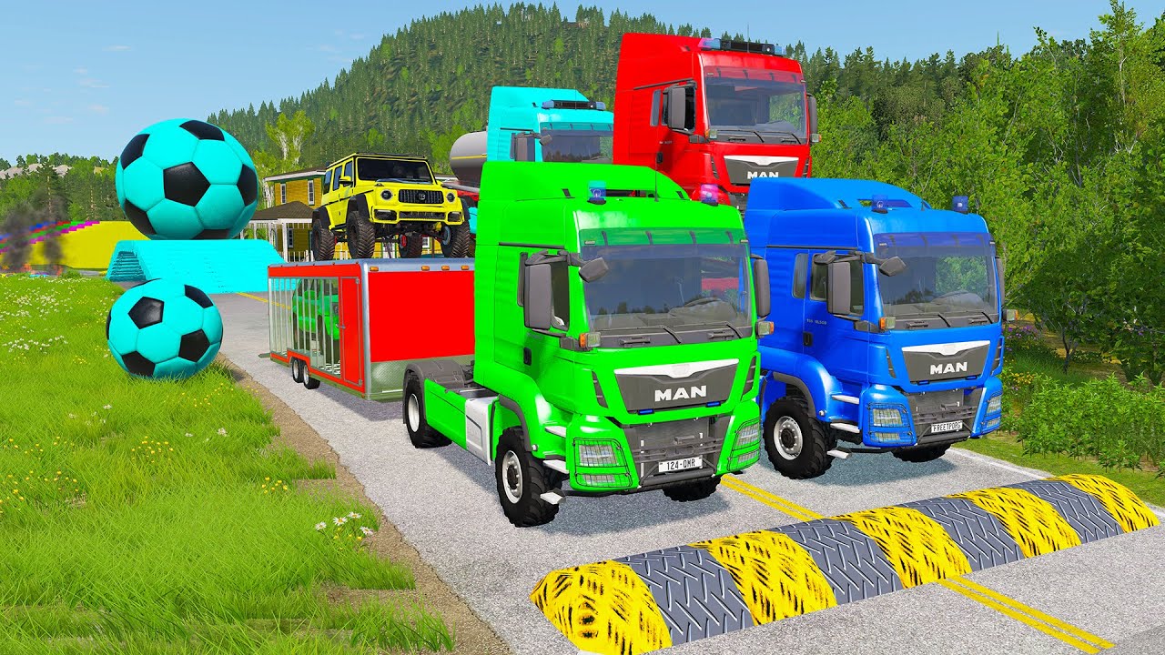 Double Flatbed Trailer Truck vs speed bumps|Busses vs speed bumps|Beamng Drive| 076