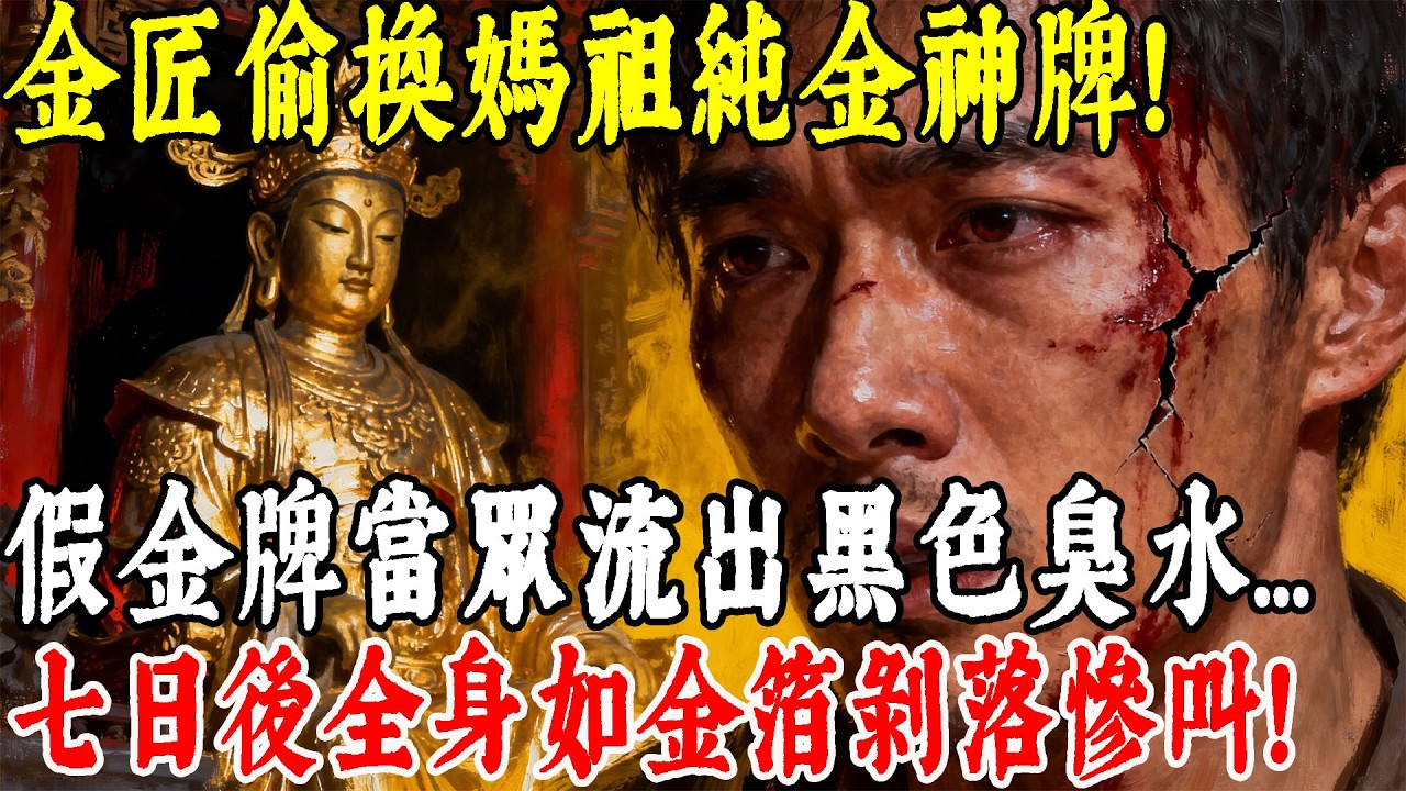 黑心金匠偷換媽祖「純金神牌」，竟用假銅熔鑄欺瞞神明！媽祖聖誕當天，假金牌竟當眾流下「黑色臭水」…七天後，金匠全身長出怪斑，如「金箔剝落」般痛苦哀嚎！#情感#民間故事#真實故事#中老年生活 #台灣