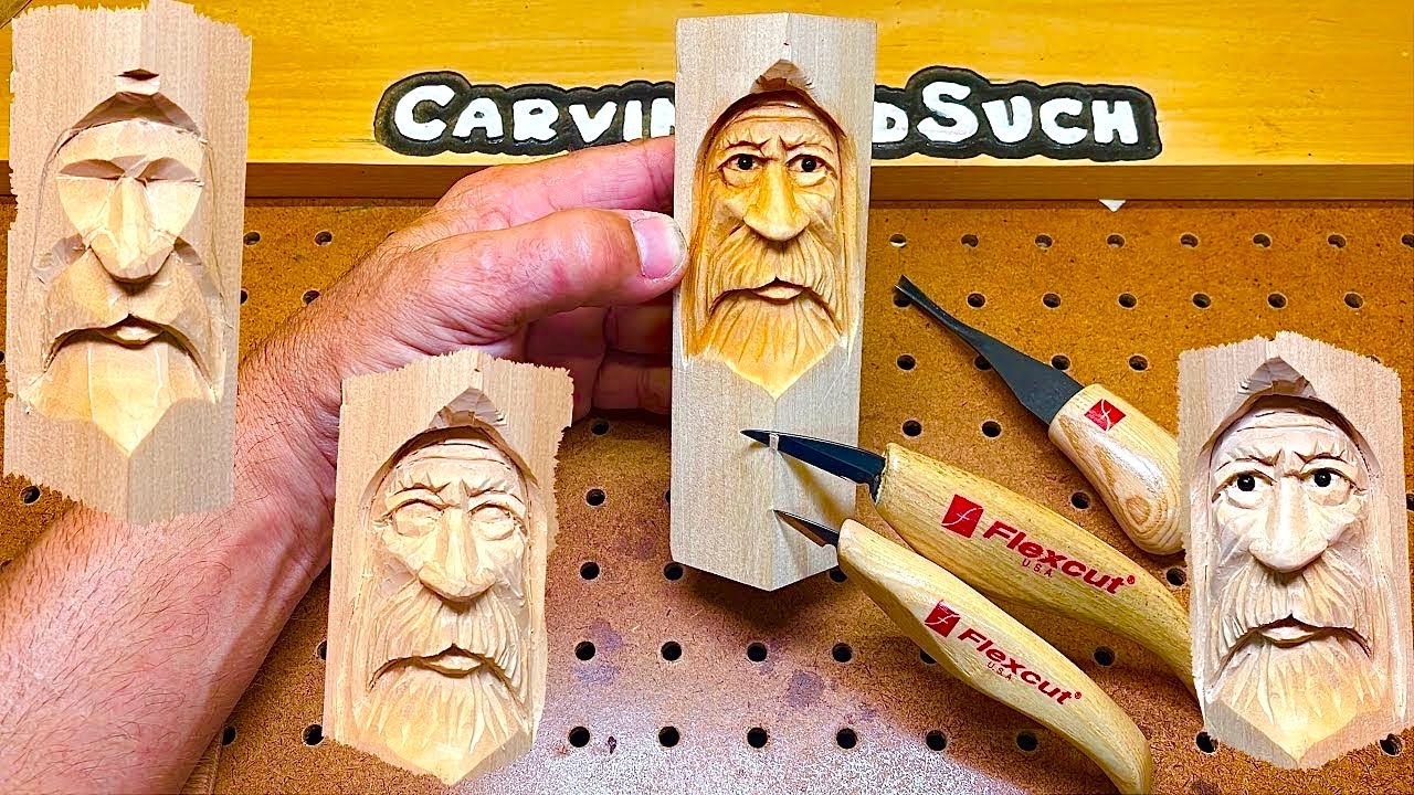 Wood carving hand carving with flex cut knifes a man face into basswood
