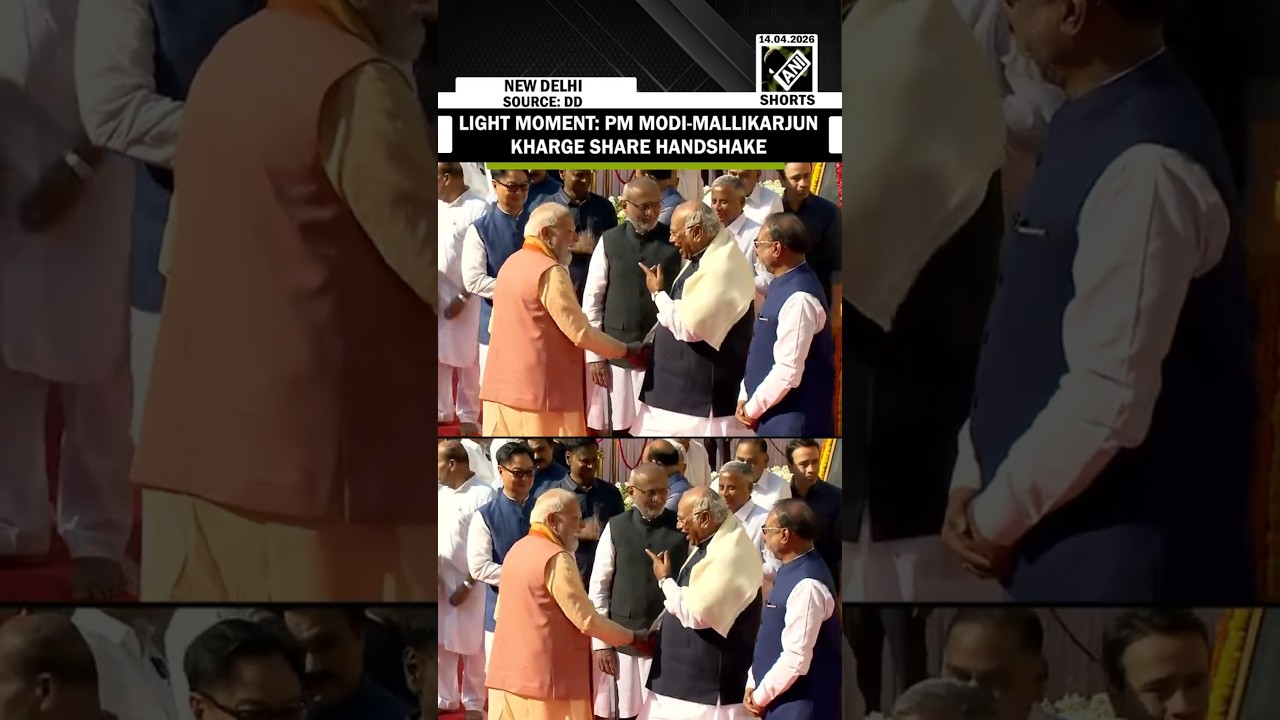 LIGHT MOMENT: PM Modi and Mallikarjun Kharge share a handshake at Prerna Sthal