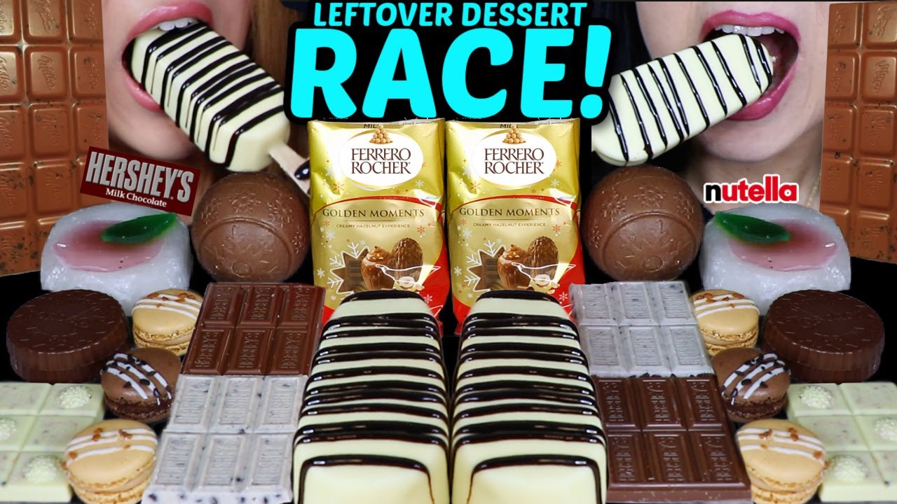 ASMR ГОНКА ЗА ОСТАВШИМИСЯ ДЕСЕРТОМ! Яйца Ferrero Rocher, печенье и крем Hershey's, снежки Milka Oreo